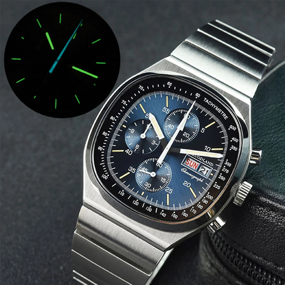 Montre Chronographe Rétro Homme Hruodland F022 – Verre Saphir Acier Inoxydable Bleu & Noir Fashion
