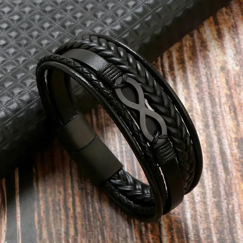 Bracelet Cuir Multi-Rangs Symbole Infini Acier Inoxydable Homme – Style Punk & Biker Authentique | Bijou Homme Streetwear Cadeau Mode Premium