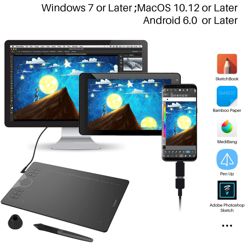 Huion HS610 Tablette Graphique 10x6.25'' – 28 Touches Express, Stylet 8192 Niveaux Sans Pile | Android, MacBook, PC