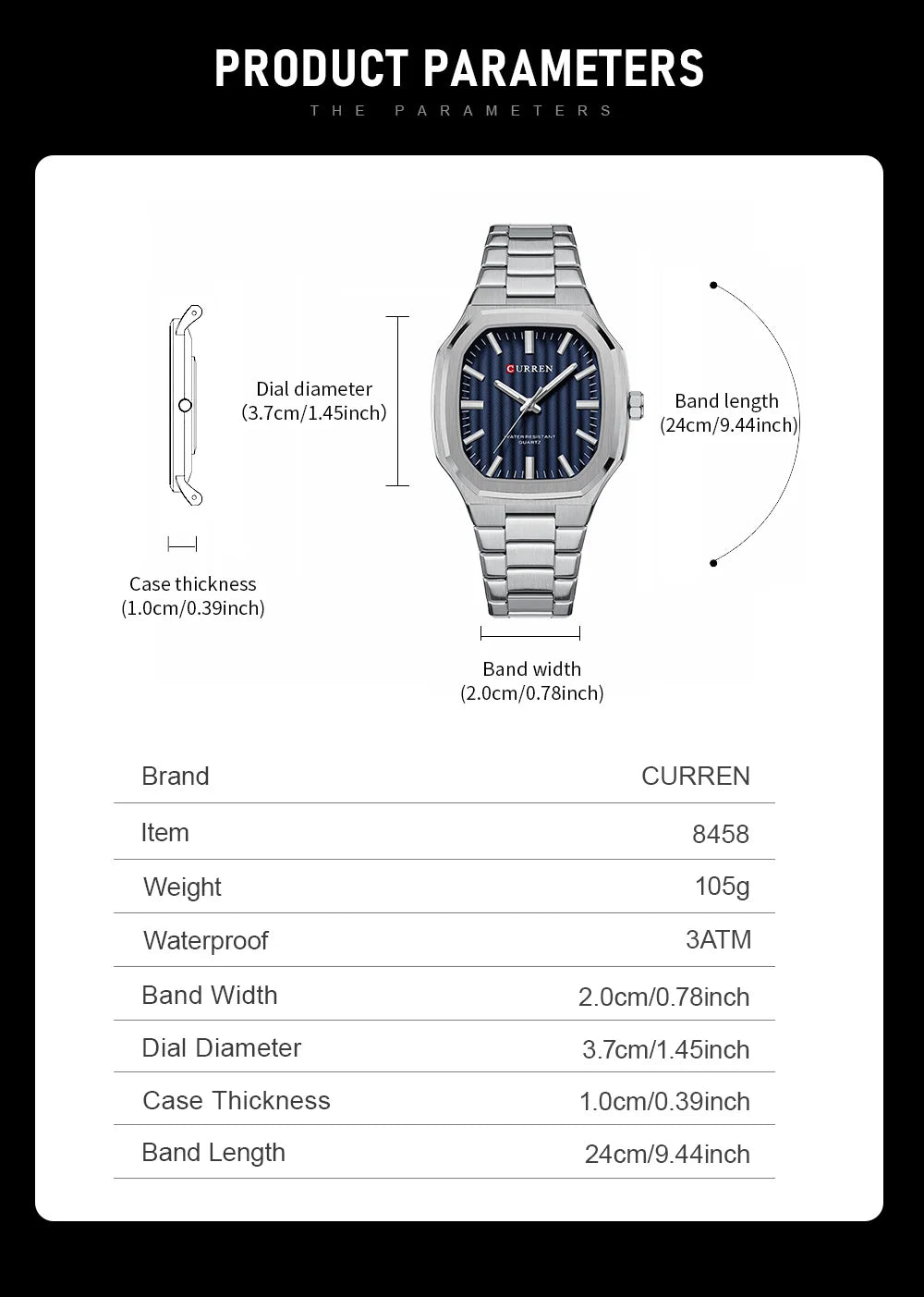 Montre Homme CURREN Business Carré Quartz – Acier Inoxydable Lumineux Étanche Classique