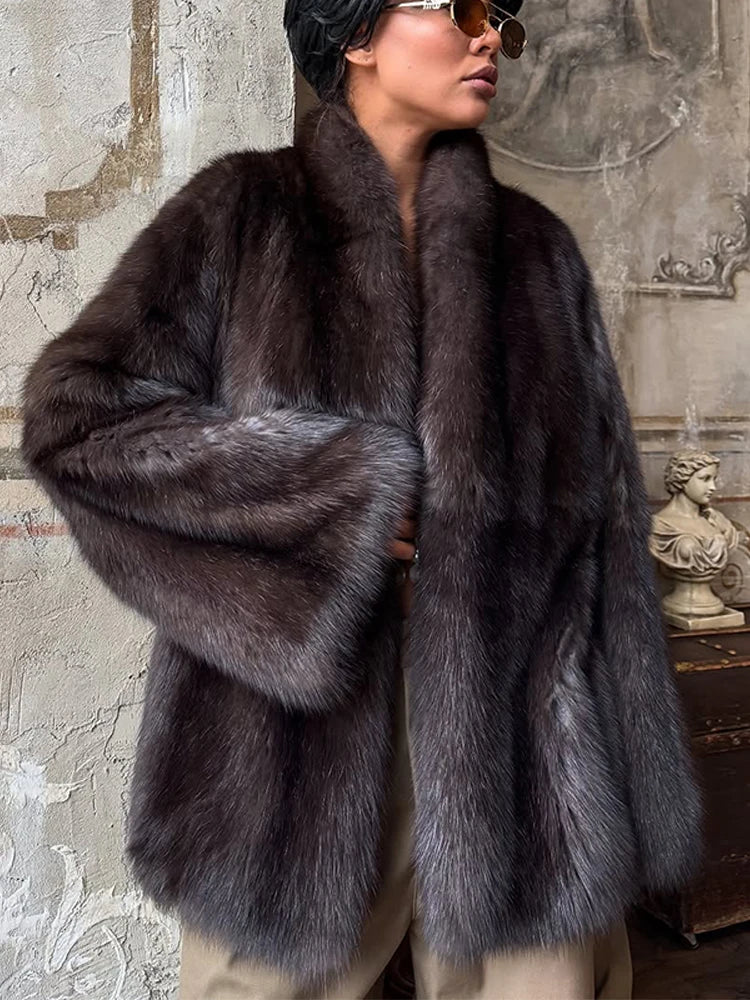 Manteau Femme Mi-Long Fausse Fourrure Col Revers Boutons Cachés Ample Élégant – Overcoat Bureau Chic | Hiver