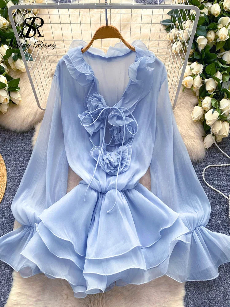 Robe Courte Femme Fleurs 3D Manches Longues Laçage Volants Mousseline – Vintage Bohème Sexy | Plage Été