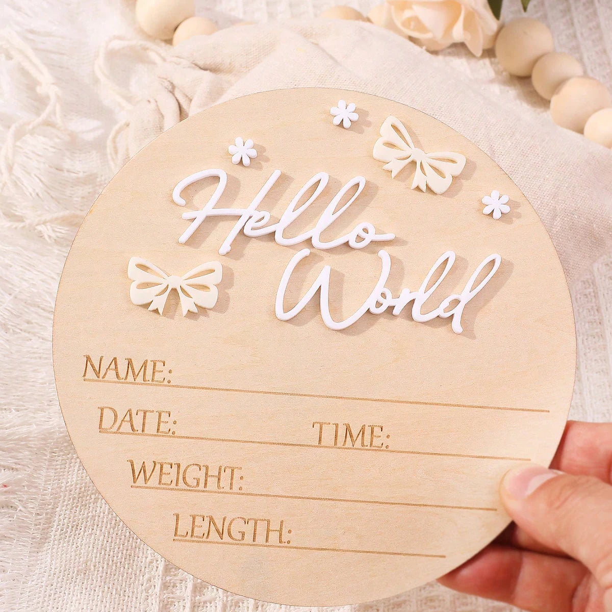 Pancarte Naissance Bébé « Hello World » – Déco Maternité Rose Poudré Papillon Étoile Photo Nouveau-Né