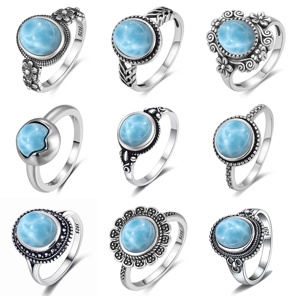 Bague Argent 925 Pierre Larimar Naturelle Vintage – Forme Fleur Ronde Bleu Ciel & Eau de Mer | Bijou Fin Unisexe Pierre Rare des Caraïbes & Cadeau Premium