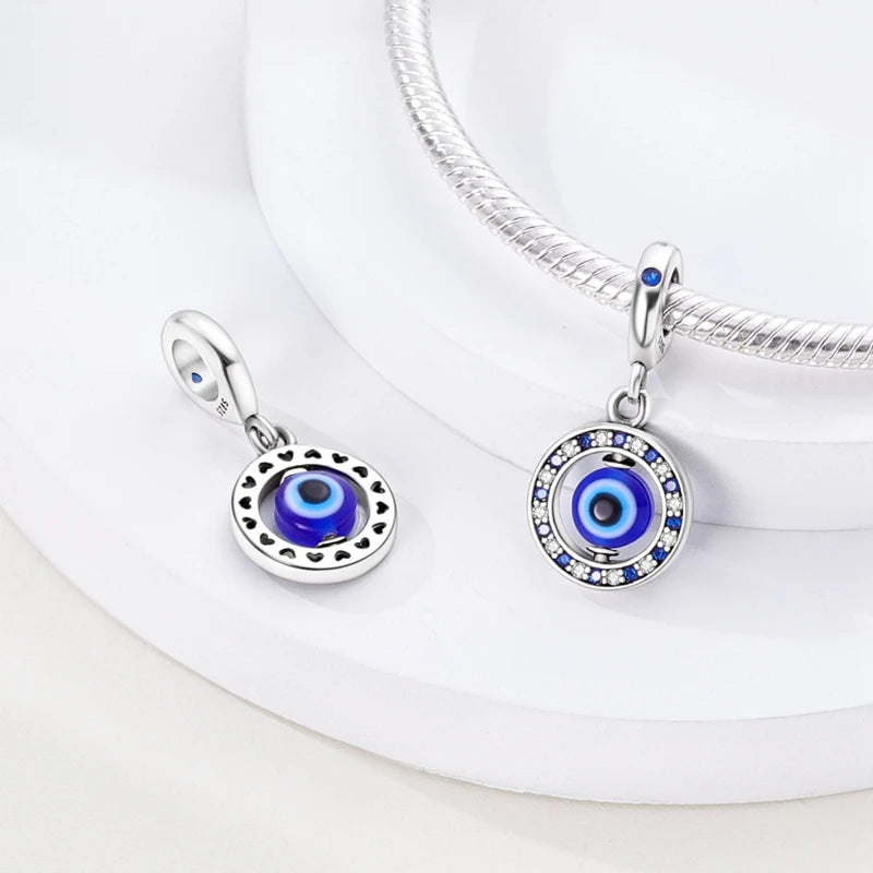 Charm Argent 925 Bleu Rotatif – Œil Démon, Main, Lune & Ciel Étoilé | Perle Pendentif Bracelet Femme | Bijou Spirituel & Mystique