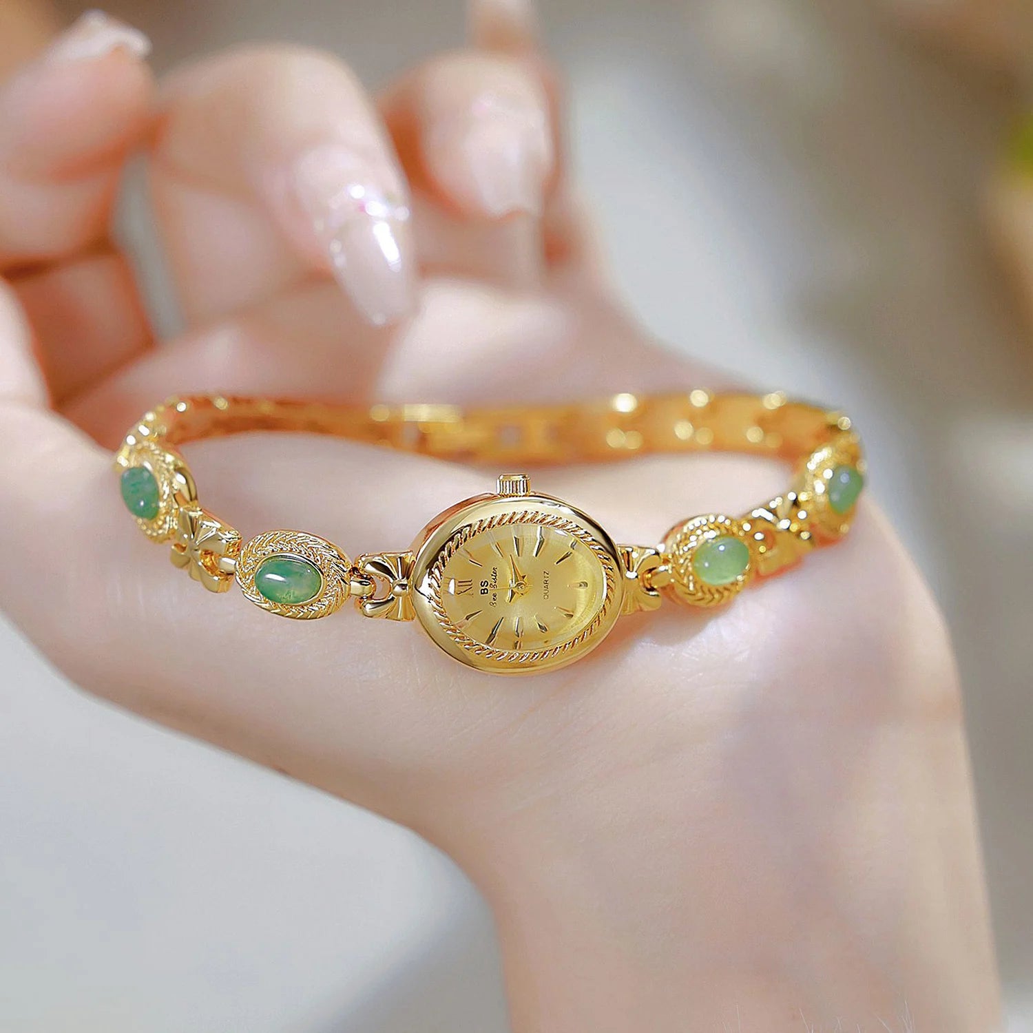 Montre Femme Luxe Jade Bracelet Quartz Dorée – Élégante Fashion Cadeau Idéal