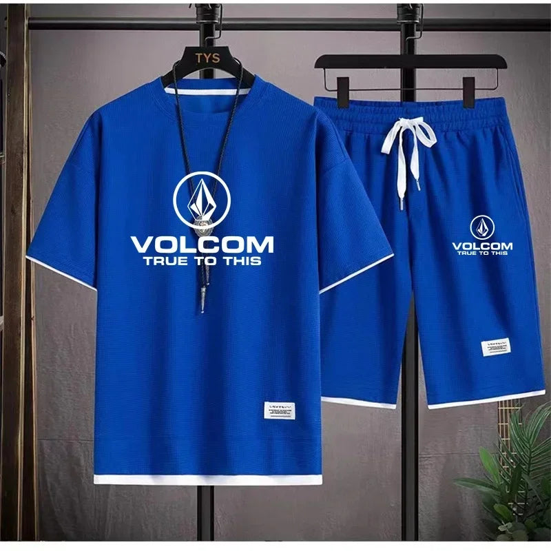 VOLCOM Ensemble T-shirt + Short Sport Homme Été – Waffle Imprimé Casual Sportswear