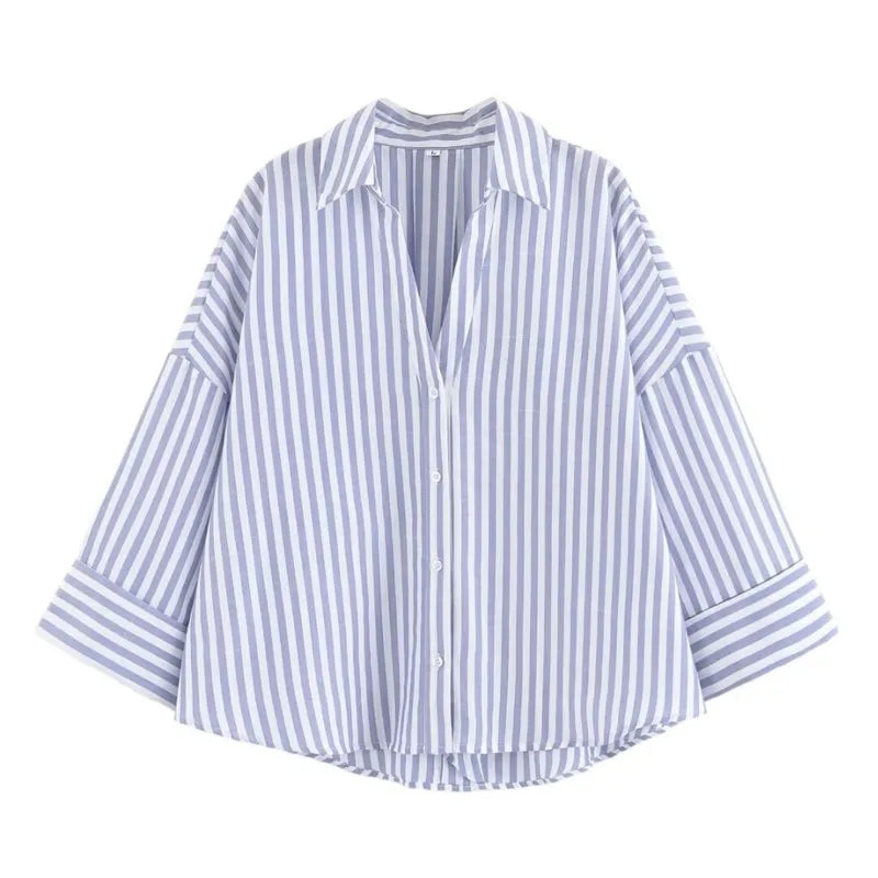 Chemise Femme Manches Larges Col Johnny – Ourlet Asymétrique & Boutons | Style Casual Chic Printemps