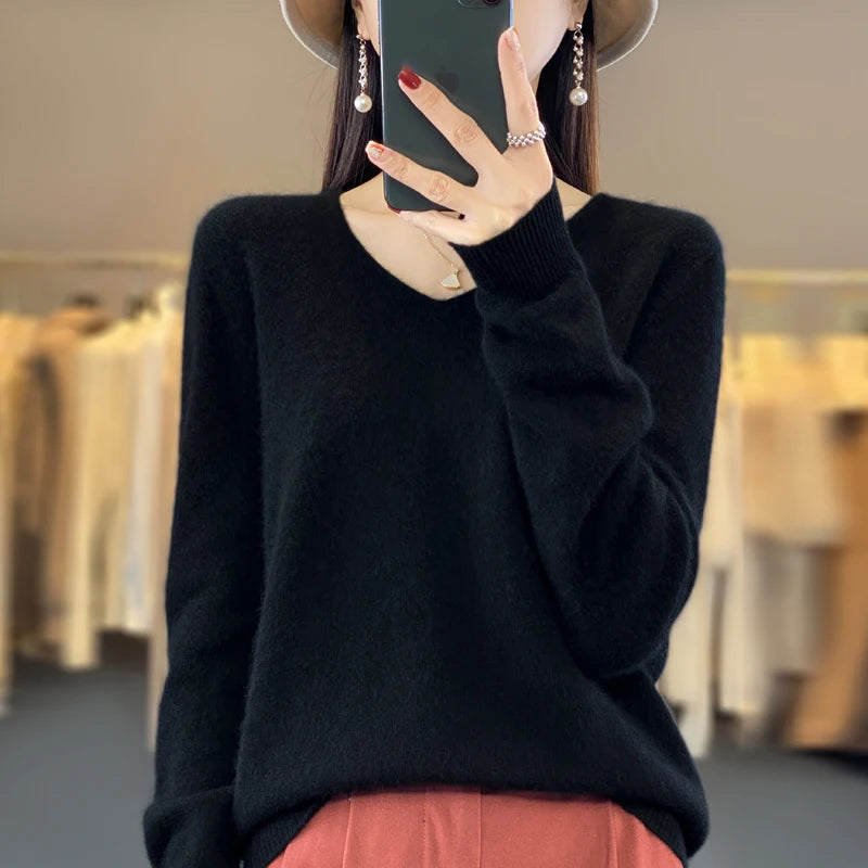 Pull Cachemire 100% Laine Col V Femme - Tricot Casual Korean Fashion Automne Hiver