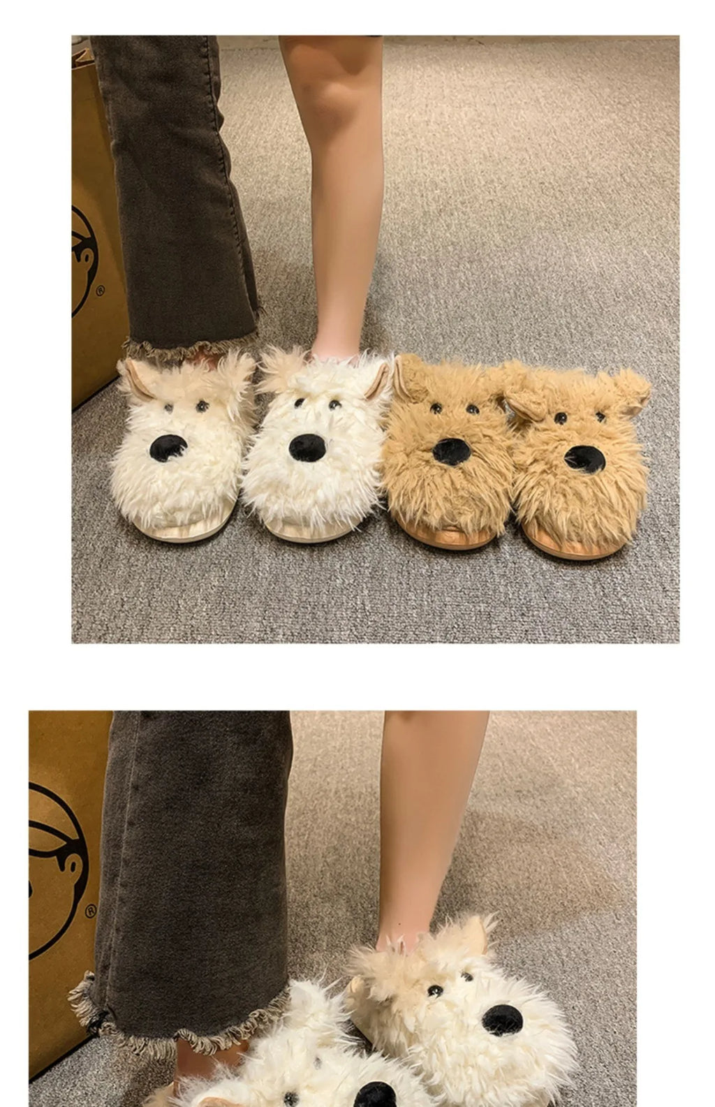 Chaussons Chien Cartoon Plush Hiver Femme – Coton Chaud Non-Slip Intérieur Maison