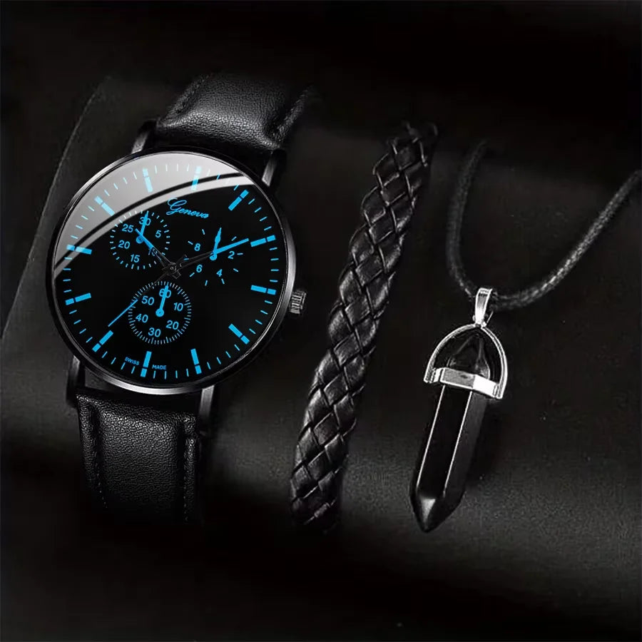 Coffret 3 Pièces Homme Montre Quartz Cuir + Bracelet + Collier – Set Business Fashion Élégant