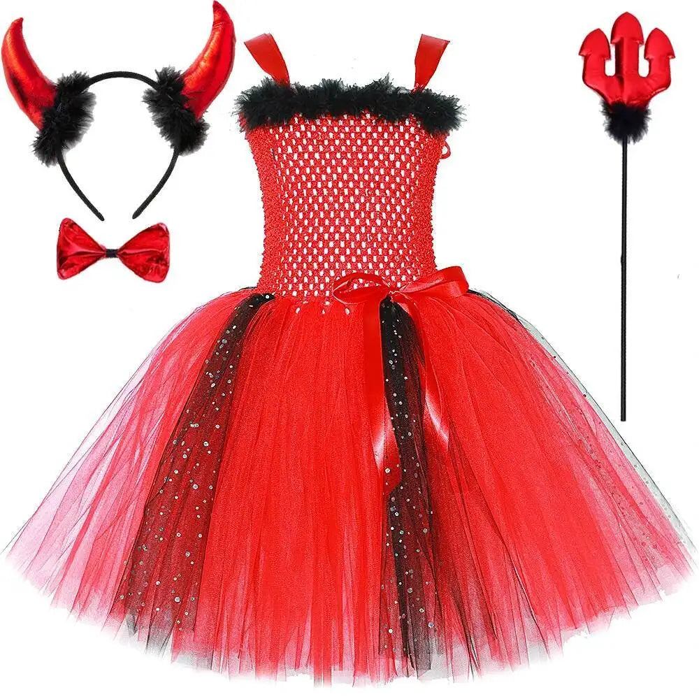 Déguisement Diablesse Rouge Fille – Robe Tutu Demon avec Ailes Cornes Trident Halloween Carnaval