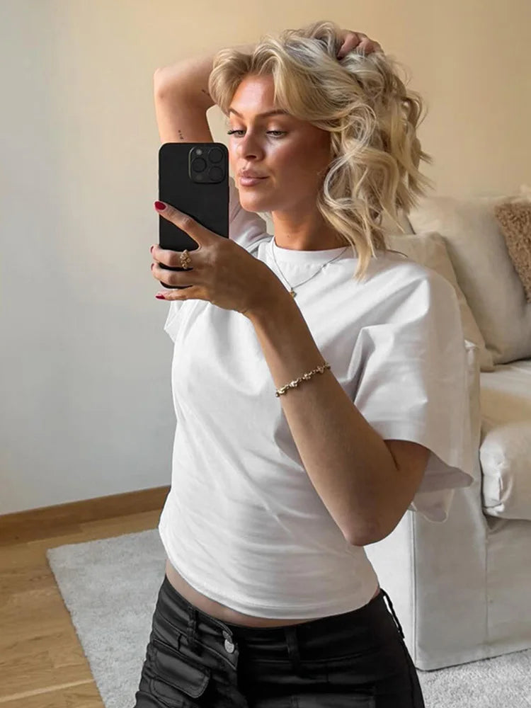 T-Shirt Crop Top Femme Gris Col Rond Style Corset – Casual Solid Streetwear | Printemps Été