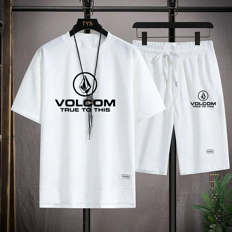VOLCOM Ensemble T-shirt + Short Sport Homme Été – Waffle Imprimé Casual Sportswear