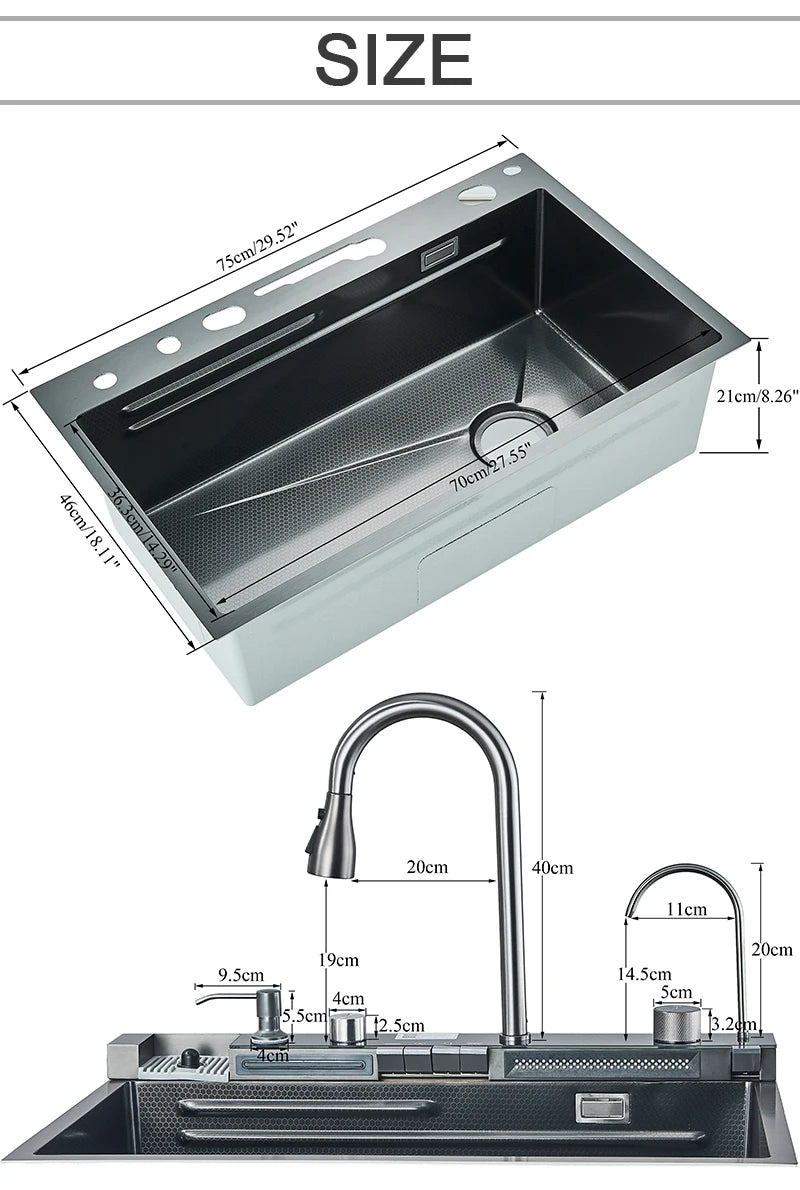 Évier Cuisine Inox 75x45cm Affichage Digital Température – Grand Bac, Robinet Cascade Eau Chaude & Froide | Design Moderne