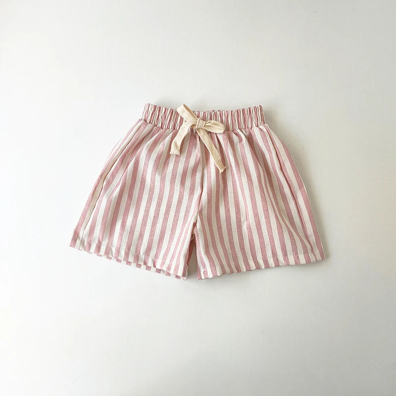 Short Lin Coton Enfant Rayures – Pantalon Court Casual Vintage Ample Garçon Fille Été