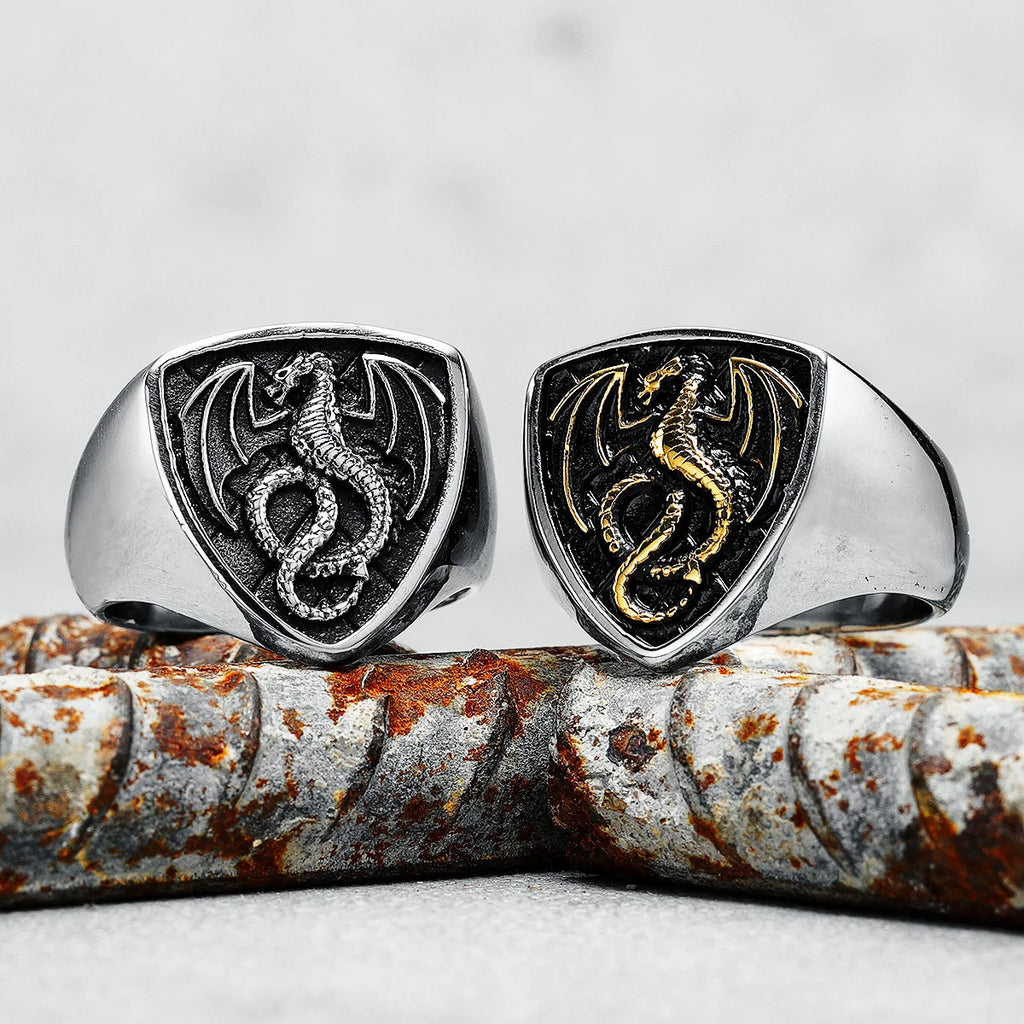 Bague Dragon Bouclier Acier 316L Homme — Style Rock Punk Viking Biker Retro
