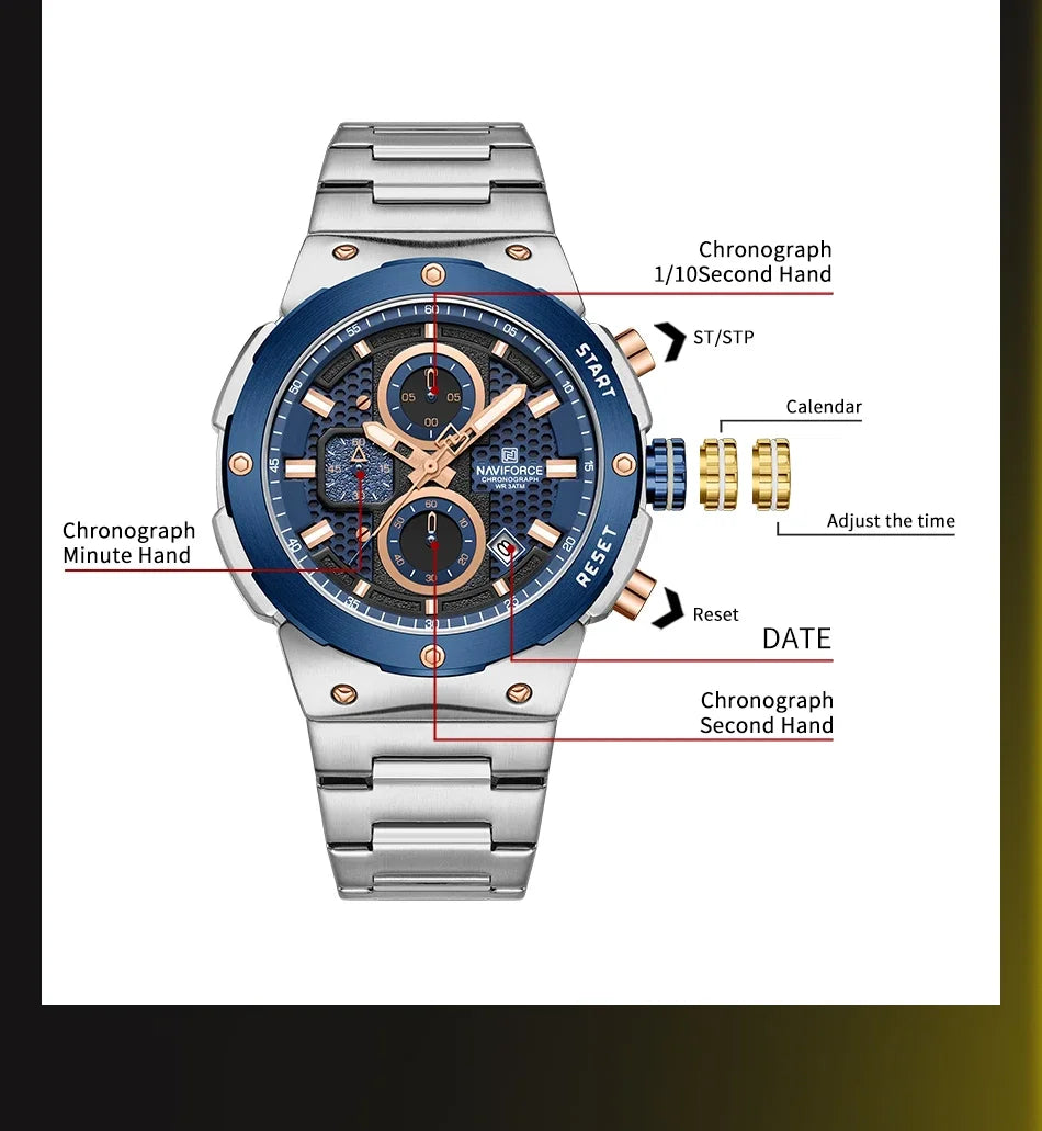 Montre Homme Chronographe Sport Luxe NAVIFORCE – Quartz Date Fashion Masculino