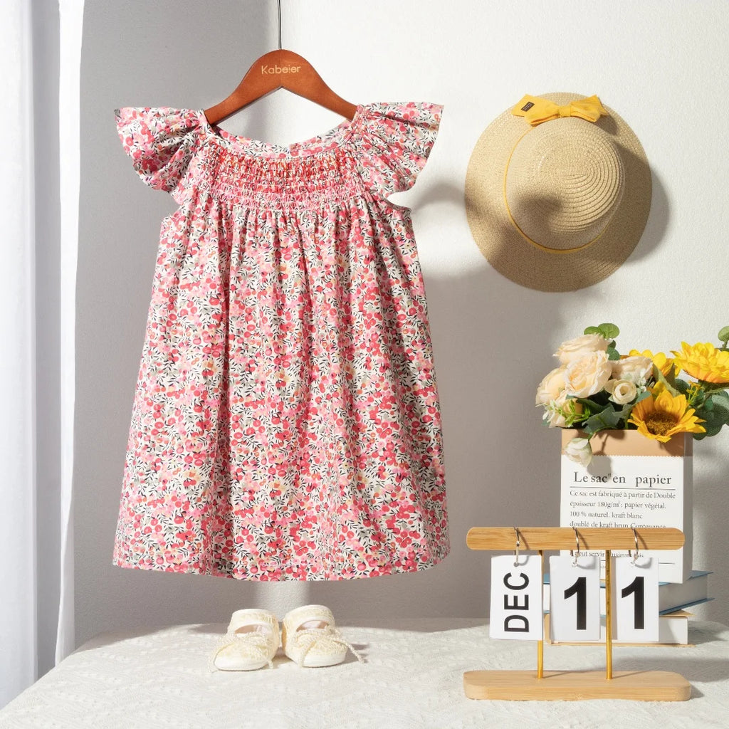 Robe Été Fille Fleurie Smockée Manches Volantes – Tenue Quotidienne Adorable 1-6 Ans
