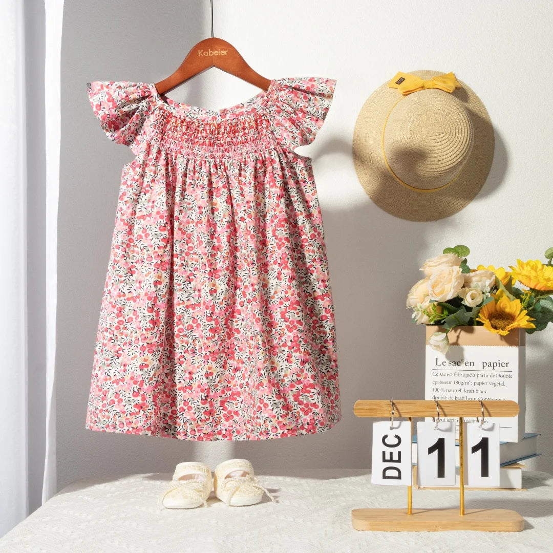 Robe Été Fille Fleurie Smockée Manches Volantes – Tenue Quotidienne Adorable 1-6 Ans