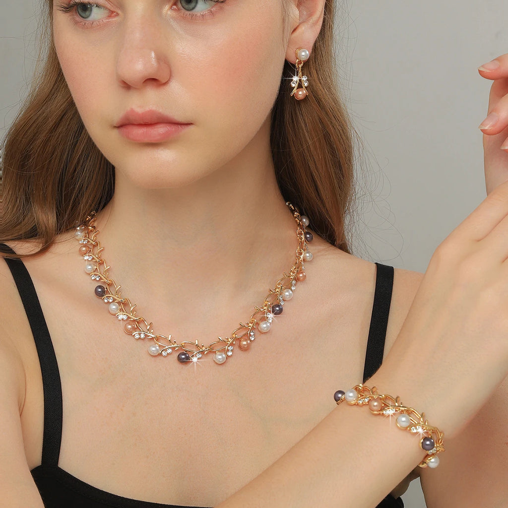 4-teiliges Brautschmuck-Set Perlen Strass – Halskette Ohrringe Armband Braut