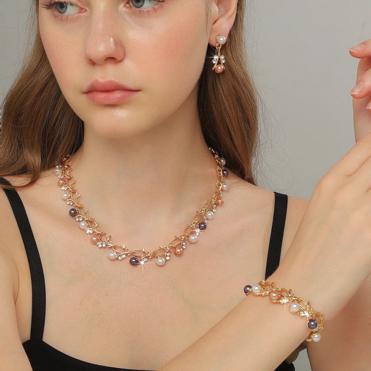 4-teiliges Brautschmuck-Set Perlen Strass – Halskette Ohrringe Armband Braut