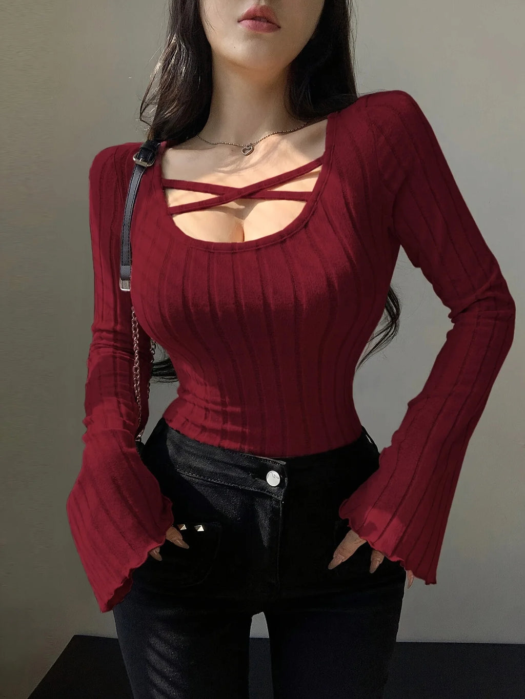 Damen Strick-Top Quadratischer Ausschnitt Langarm Überkreuzte Träger Gerippt Schmale Passform Casual – T-Shirt Streetwear Herbst Winter | Mode