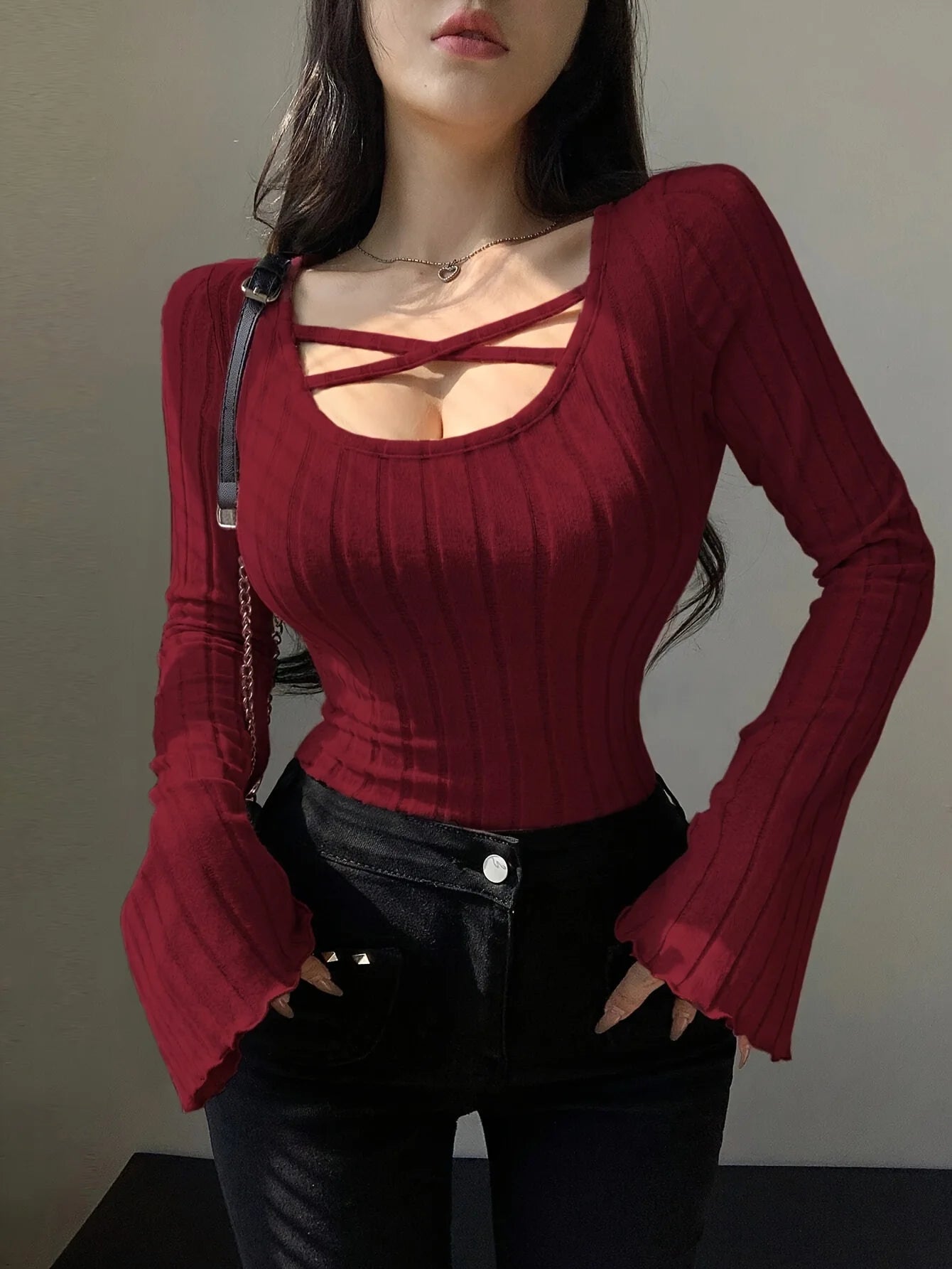 Damen Strick-Top Quadratischer Ausschnitt Langarm Überkreuzte Träger Gerippt Schmale Passform Casual – T-Shirt Streetwear Herbst Winter | Mode