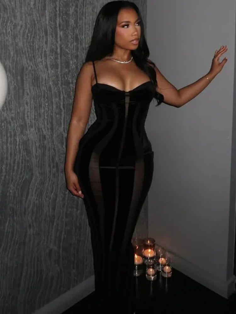 Robe Maxi Femme Velours Noir Transparente Mesh Épaules Dénudées Taille Cinée Slim – Soirée & Club | 2026