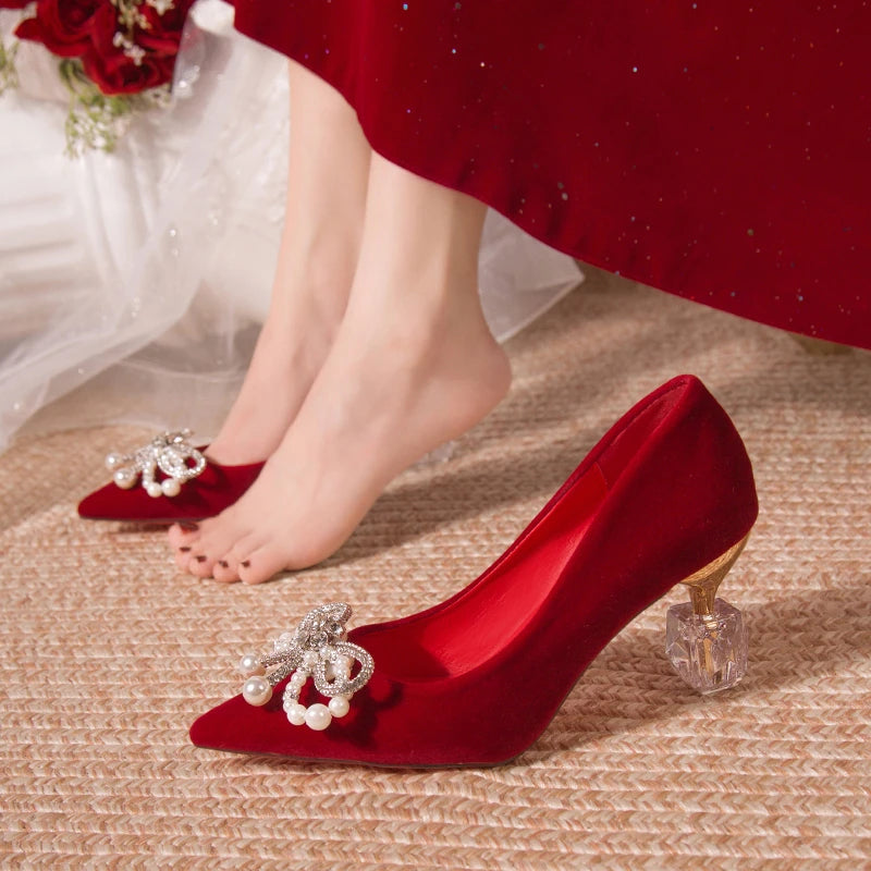 Chaussures Mariée Perle Talon Épais Bout Pointu – Xiuhe Robe Mariage Confortables