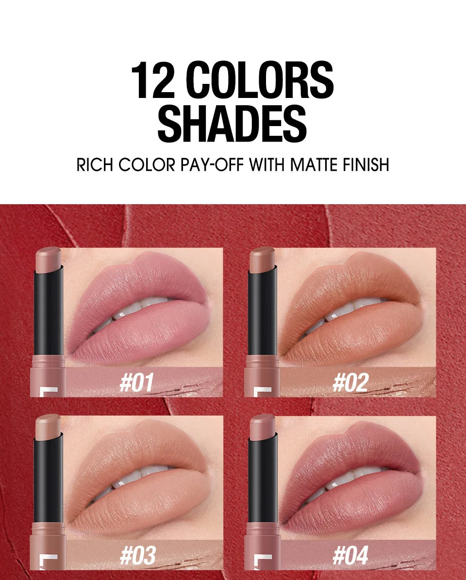 Crayon Lèvres Mat Waterproof 12 Couleurs – Longue Tenue Sans Transfert | Teinture Nude & Lip Stain