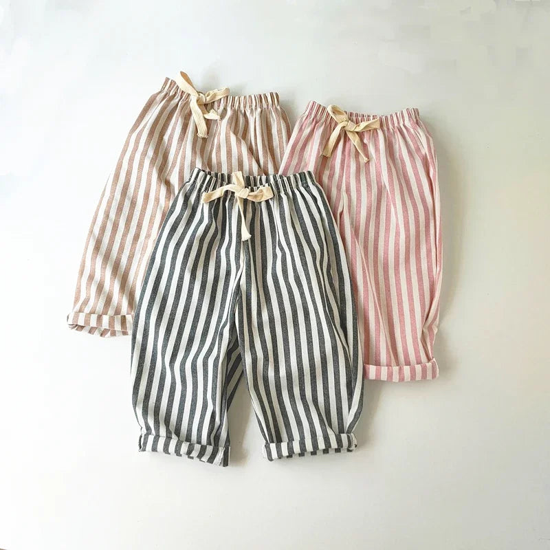 Short Lin Coton Enfant Rayures – Pantalon Court Casual Vintage Ample Garçon Fille Été