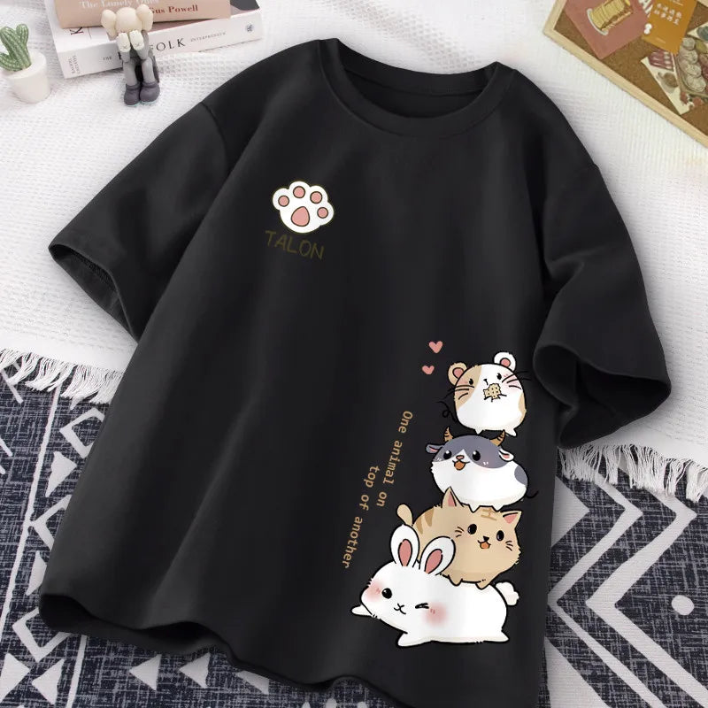 T-Shirt Imprimé Hamster Kawaii Style Japonais Femme – Coupe Loose Casual | Été Cute & Doux