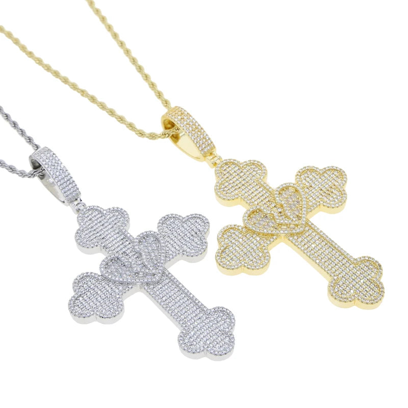 Collier Pendentif Hip Hop Bling 5A CZ Pavé Croix & Cœur Glacé – Chaîne Cuban Link, Tennis & Corde | Bijou Homme Rapper Streetwear Premium