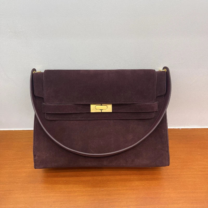 Sac Carré Femme Cuir Suède Luxe – Boucle Dorée Rétro Bandoulière Hiver Premium