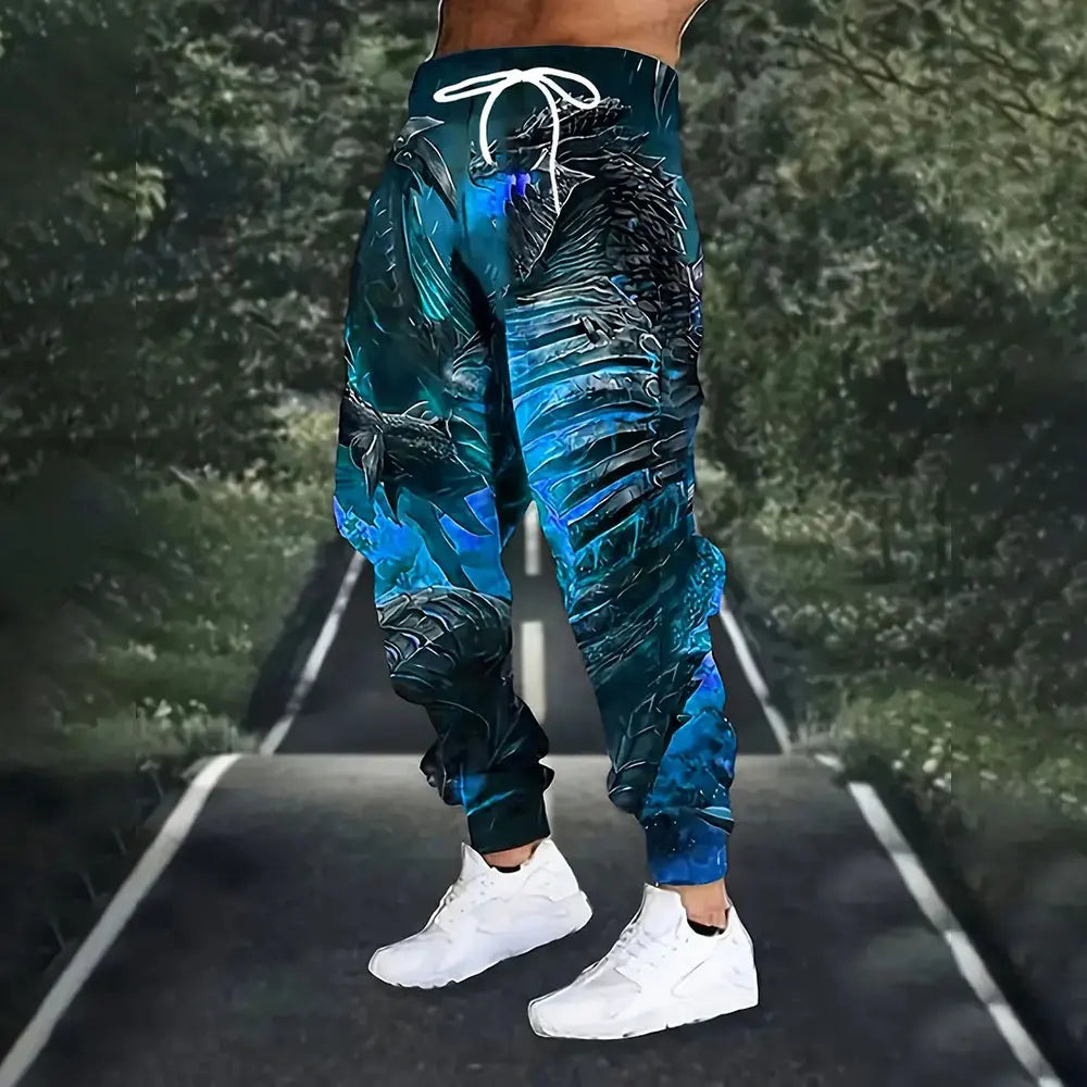 Men's Large Size Loose Pocket Draw Rope Sports Sweatpants Winter New Thick Warm Sweatpants Fashion Dragon Print Sweatpants