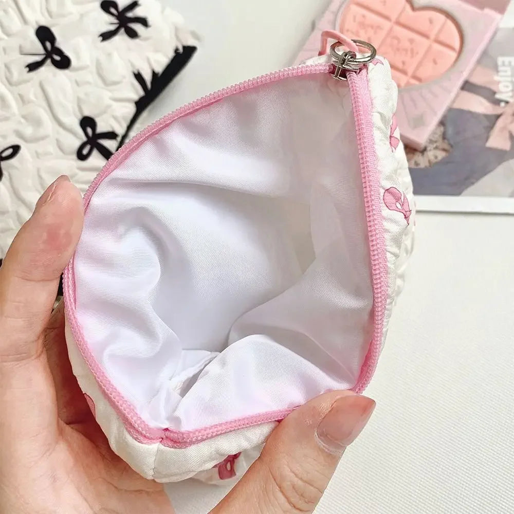 Trousse Cosmétique Nœud Plissé Coton Matelassé – Pochette Maquillage Voyage Filles | Organisateur Portable