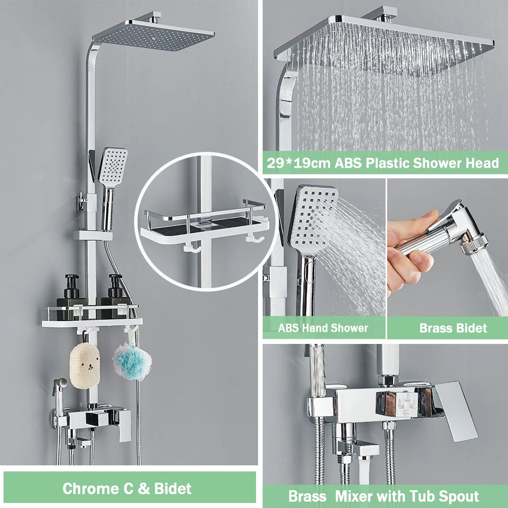 Rozin Ensemble Douche Pluie Mural Noir – Avec Bidet, Étagère & Bec Baignoire | Système Complet Laiton