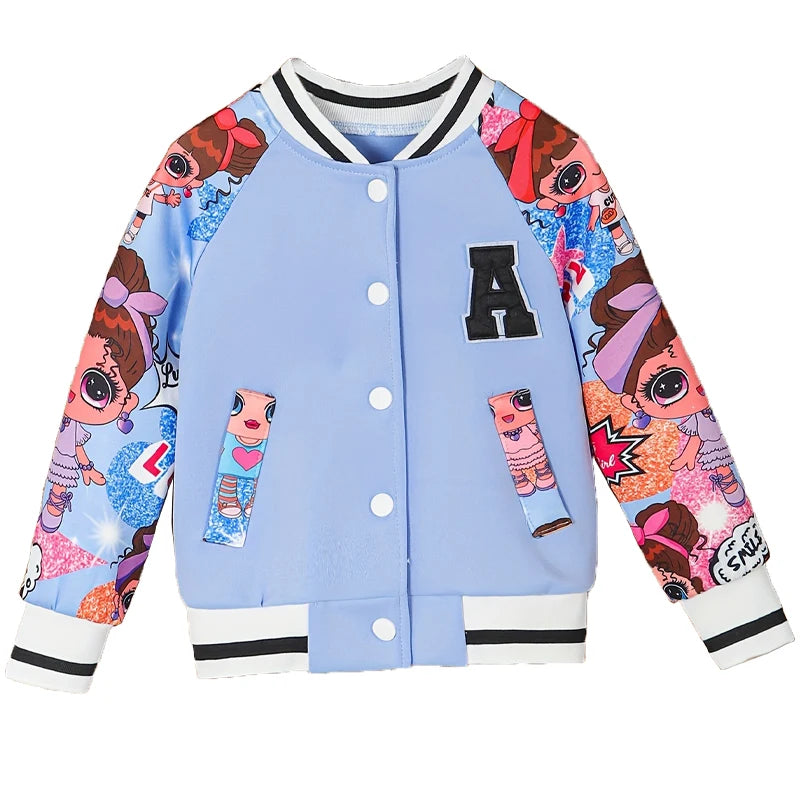 Veste Baseball Fille Imprimé Poupée Cartoon Lettre A – Blouson Casual Printemps Automne Enfant