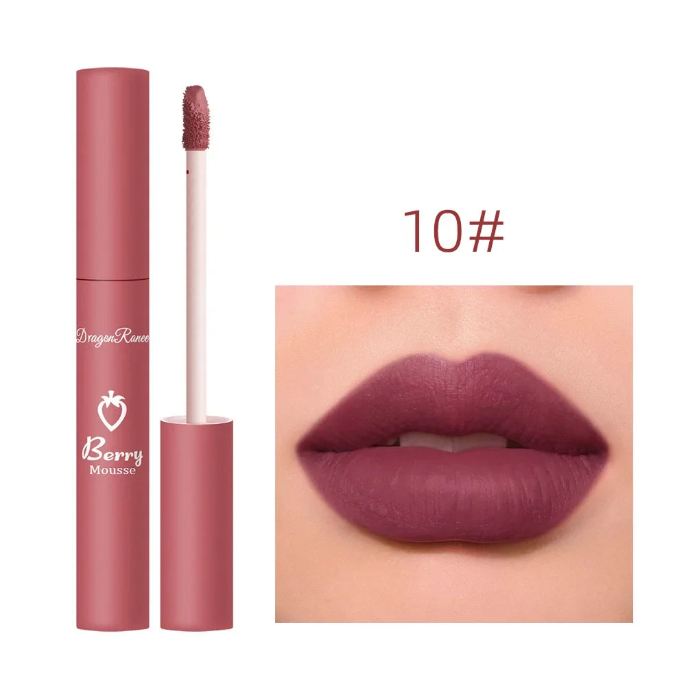 Gloss Lèvres Mat 12 Couleurs Berry Mousse – Glaçure Velours Waterproof Longue Tenue | Rouge à Lèvres Sexy Cosmétique