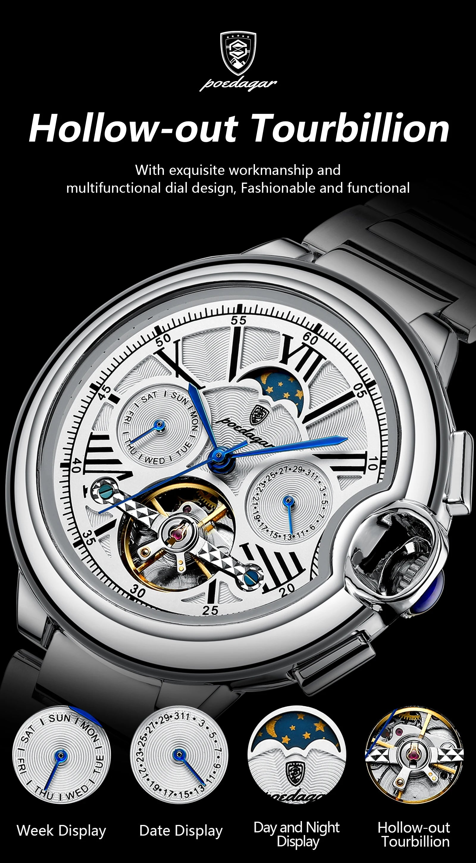 Montre Homme POEDAGAR Tourbillon Automatique Militaire – Acier Date Semaine Étanche