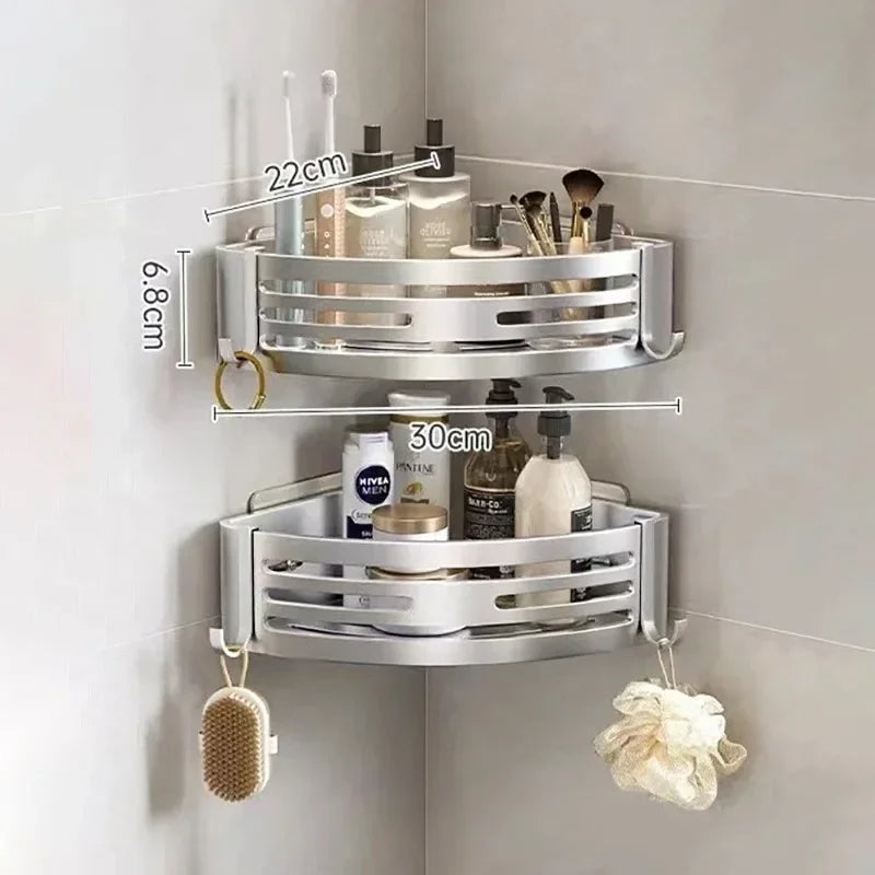 Étagère d’Angle Salle de Bain Aluminium – Sans Perçage Autocollant | Rangement Shampooing & Maquillage