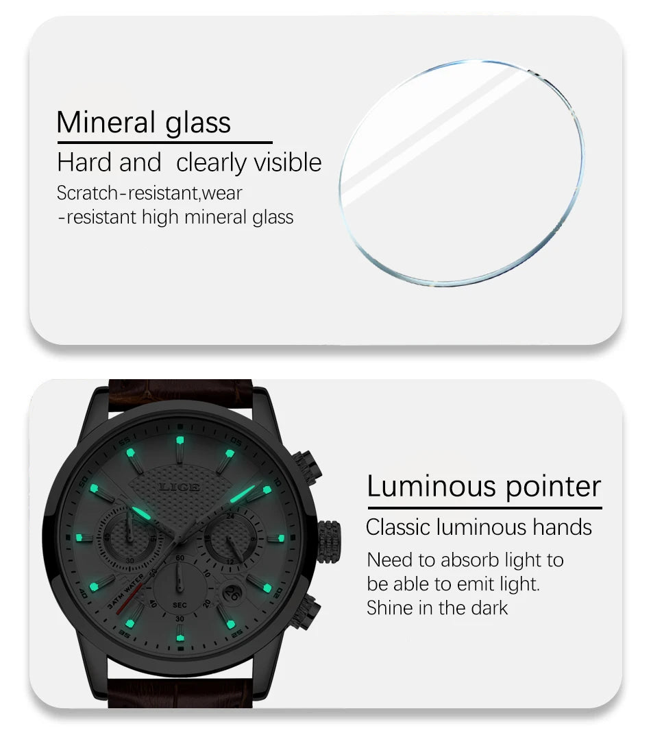 Montre Homme Luxe LIGE Chronographe Quartz Cuir – Business Sport Étanche Date 2025