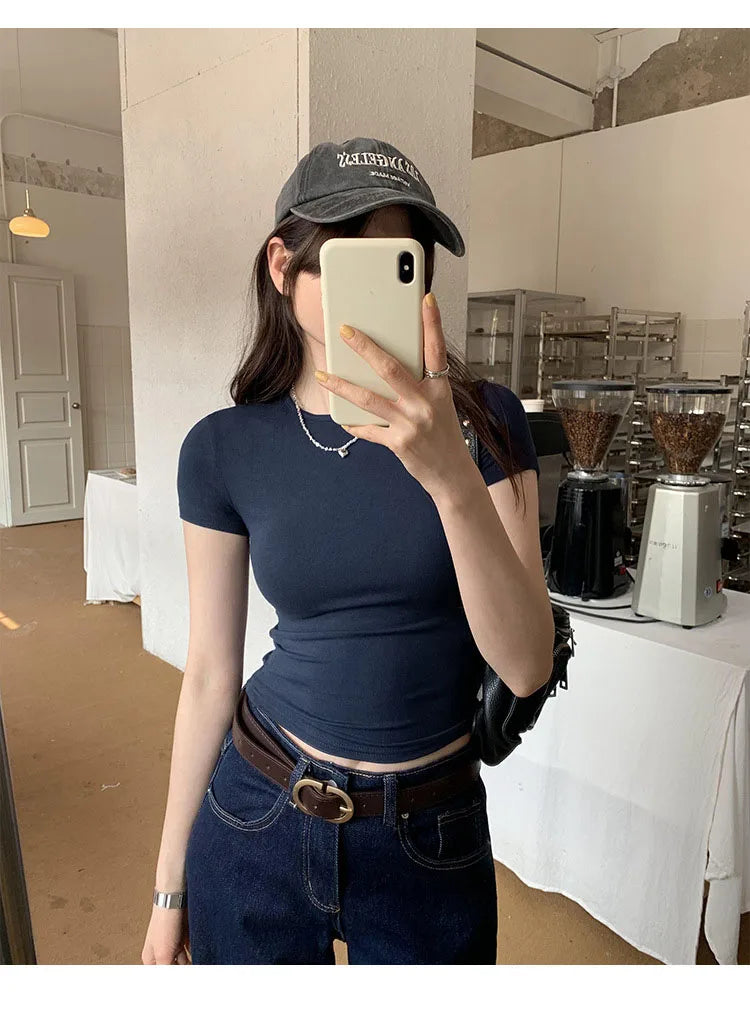 Crop Top Basique Uni Femme – Manches Courtes Col Rond Ajusté | Style Y2K Vintage Harajuku Streetwear