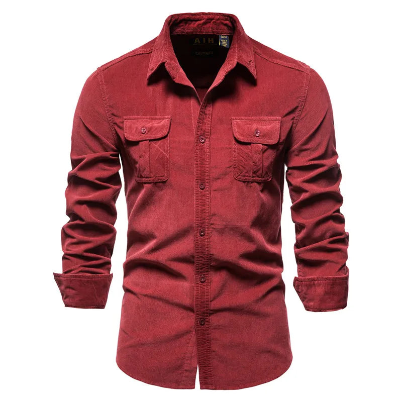 Chemise Homme Velours Côtelé 100% Coton Slim Fit Couleur Unie Business Casual Fashion Automne Boutonnage Simple Élégante Intemporelle – Chemise Velours Côtelé Premium Slim | Mode Homme Business Casual Premium