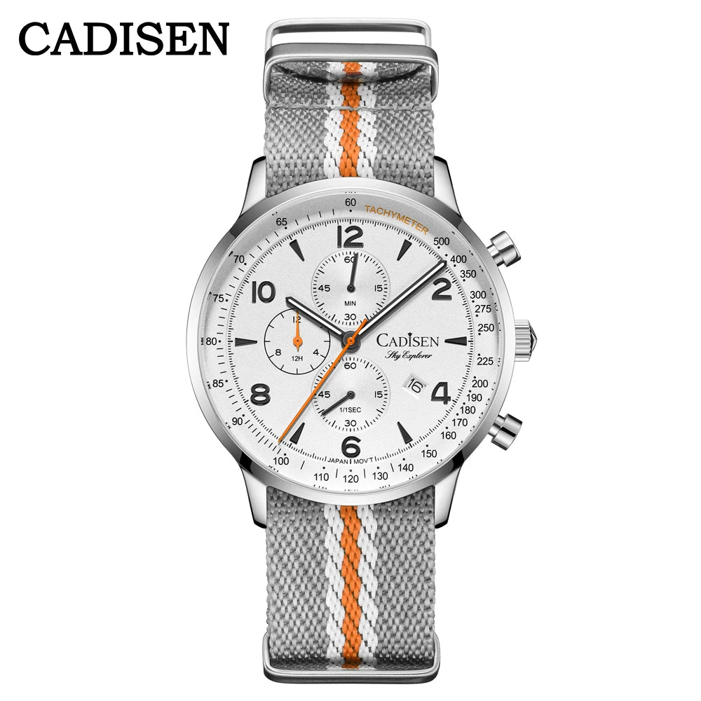 Montre Homme Luxe CADISEN Chronographe Quartz Japonais MIYOTA Bracelet Toile – Étanche Fashion