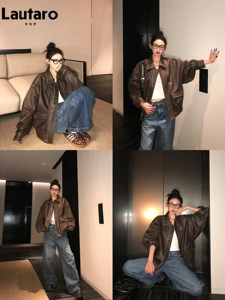 Oversize Jacke Kunstleder Distressed Damen – Vintage Retro Stil Reißverschluss | Braun Schwarz Frühling Herbst