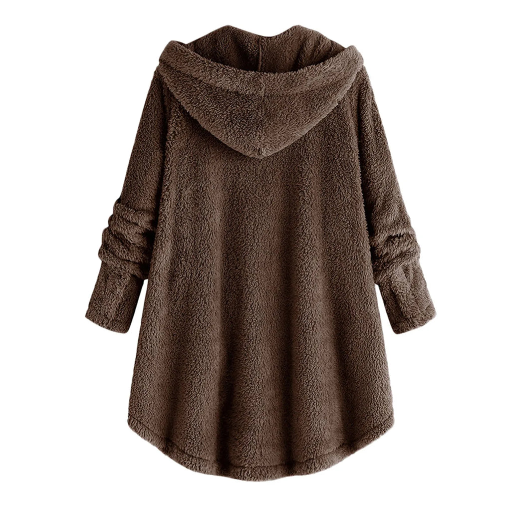 Damen Teddyfell-Mantel mit Kapuze – Warme Fleece-Jacke Unifarben | Herbst Winter Trend