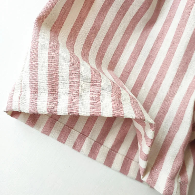 Short Lin Coton Enfant Rayures – Pantalon Court Casual Vintage Ample Garçon Fille Été