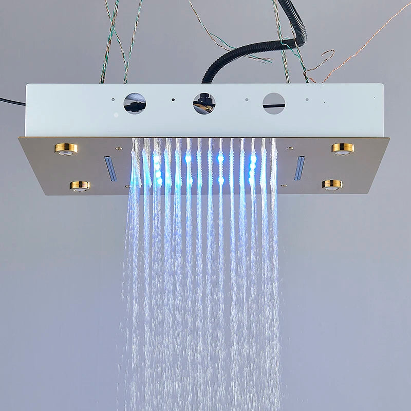Pommeau Douche Plafond LED Cascade Luxe 49x35cm – Lumières Multicolores Intégrées | Salle de Bain Spa